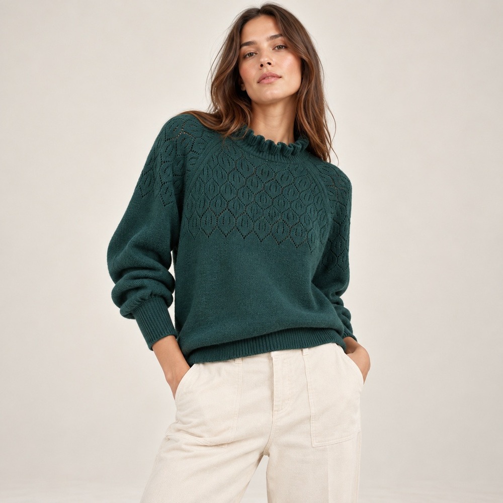 Boden Pointelle Ruffle Sweater XL Green Knit Cashmere Blend Heritage Cottagecore